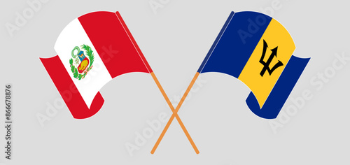 Crossed and waving flags of Peru and Barbados