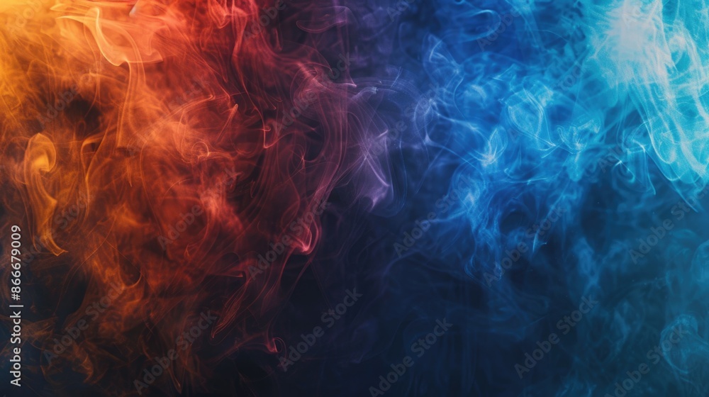 Fototapeta premium Colorful cigarette smoke movement on dark background with banner.