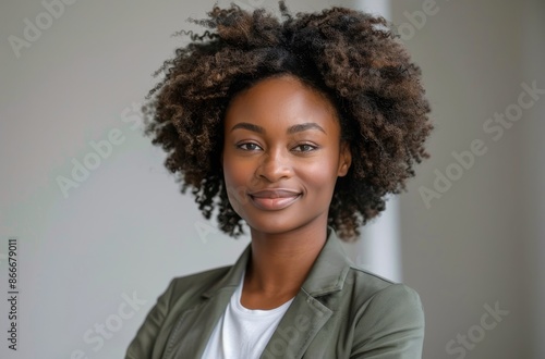 Portrait of a Smiling Woman With Curly Brown Hair Wearing a Green Blazer