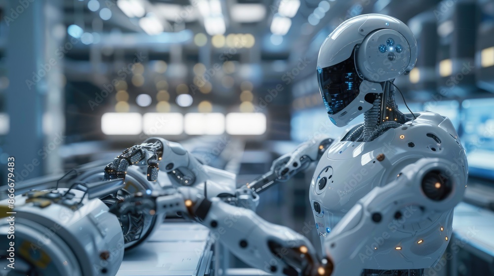 Smart manufacturing: An AI robot operating a robotic arm for assembly in a high-tech factory, highlighting the future of industrial automation Smart manufacturing: An AI robot operating a robotic arm for assembly in a high-tech factory, highlighting the future of industrial automation