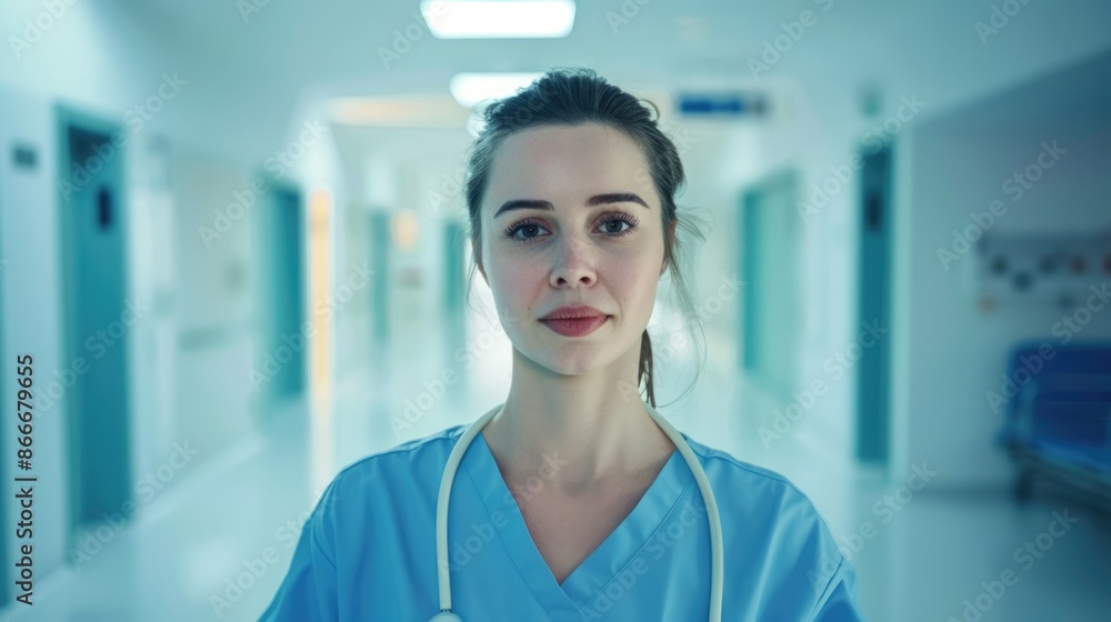 Fototapeta premium Female nurse in hospital corridor portrait.