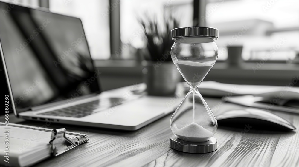 Hourglass and Laptop on a Wooden Desk in an Office Setting Hourglass and Laptop on a Wooden Desk in an Office Setting