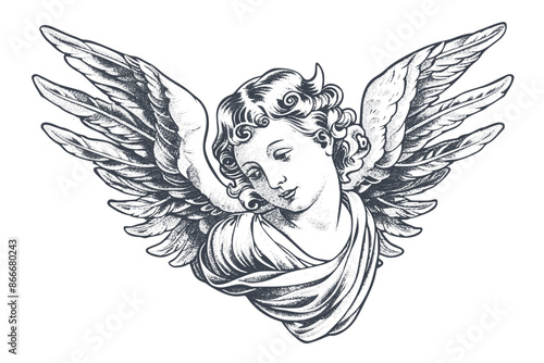 A black and white drawing of a vintage young angel with wings engraved retro style