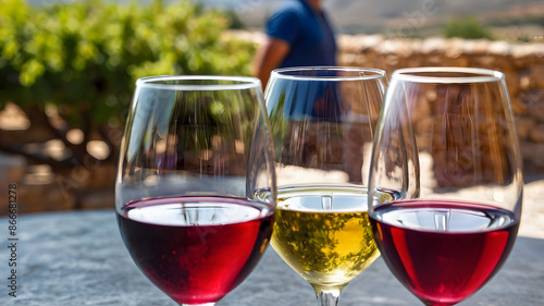 Selective focus on a selection of red, rose and white wines during a wine tasting event on the island of Crete in Greece