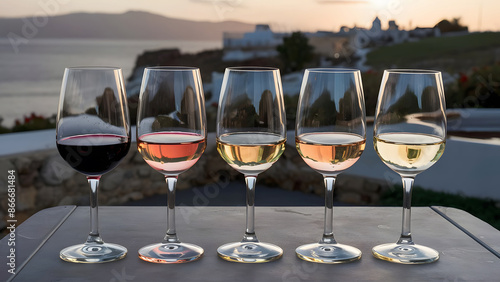 Selective focus on a selection of red, rose and white wines during a wine tasting event on the island of Crete in Greece