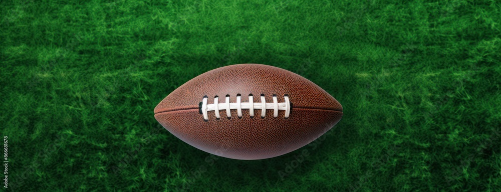 Obraz premium American football in middle grass field top view copy space