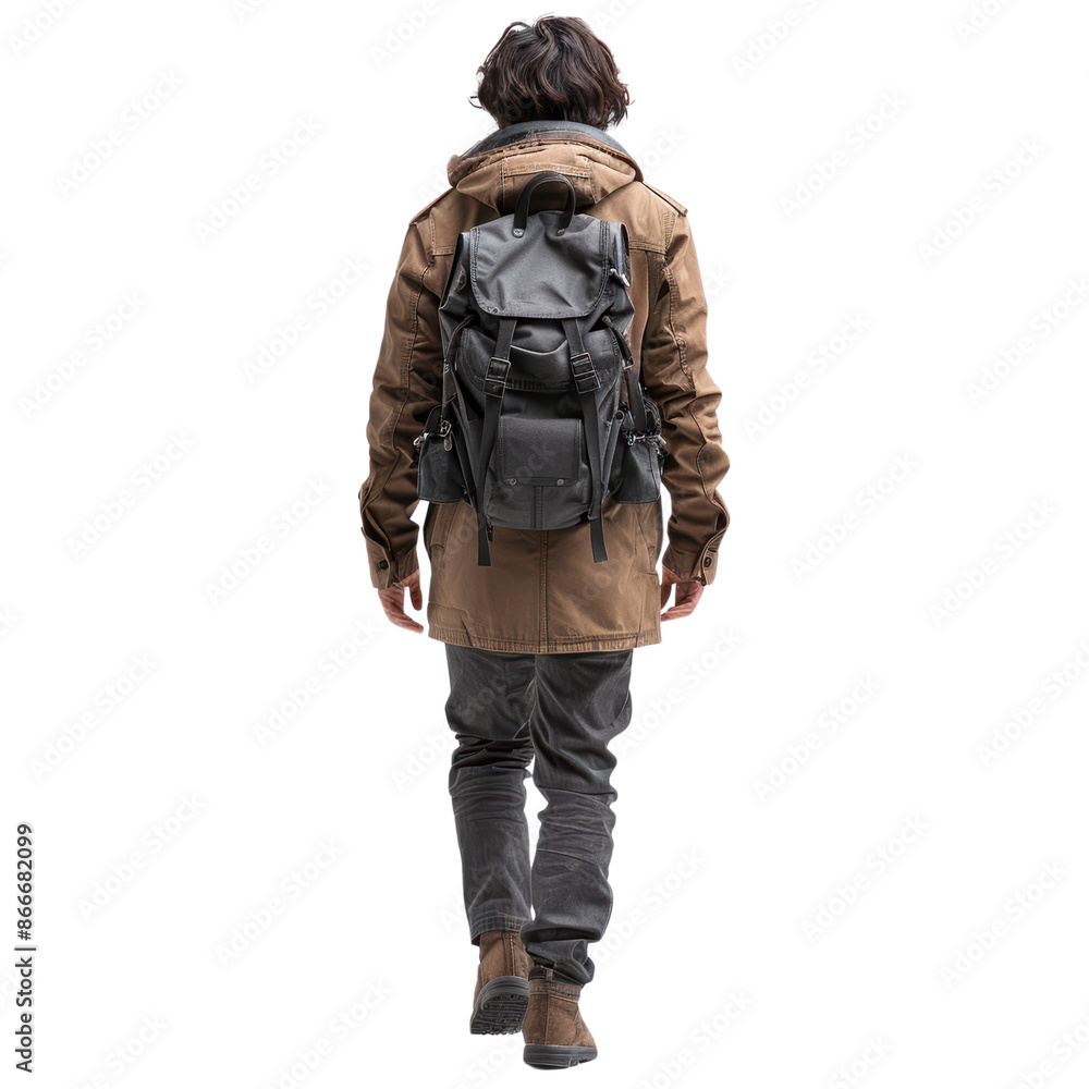 Asian man casual dressed walking isolated on white transparent, young boy with jacket and backpack rear view. Asian man casual dressed walking isolated on white transparent, young boy with jacket and backpack rear view.