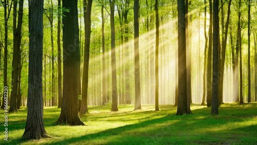 Silent Forest in spring with beautiful bright sun rays