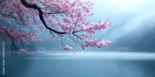 Cherry blossom field in dreamy landscape resembling Japan and Asia with misty lake. Concept Cherry Blossom Fields, Dreamy Landscapes, Japan, Asia, Misty Lake photo