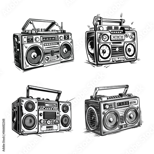 Collection of old school radio tape recorder doodle in black and white. Vintage boombox icon. Hand-drawn illustration.