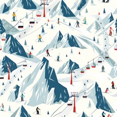 Papier peint photo Paysage patrons Skieurs et télécabine en montagne  © woters