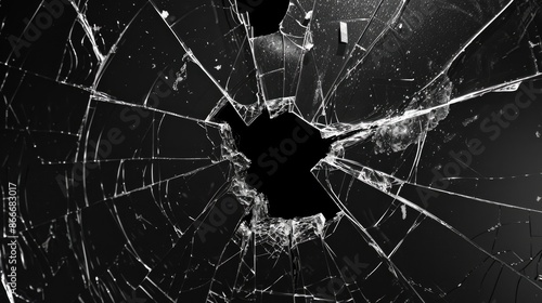 Abstract black background with broken glass texture and bullet hole.