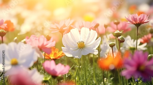 Fototapeta Naklejka Na Ścianę i Meble -  Flower field in sunlight, spring or summer garden background in closeup macro. Flowers meadow field.