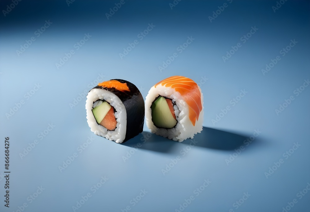 Sushi close-up isolated on pale blue background Sushi close-up isolated on pale blue background