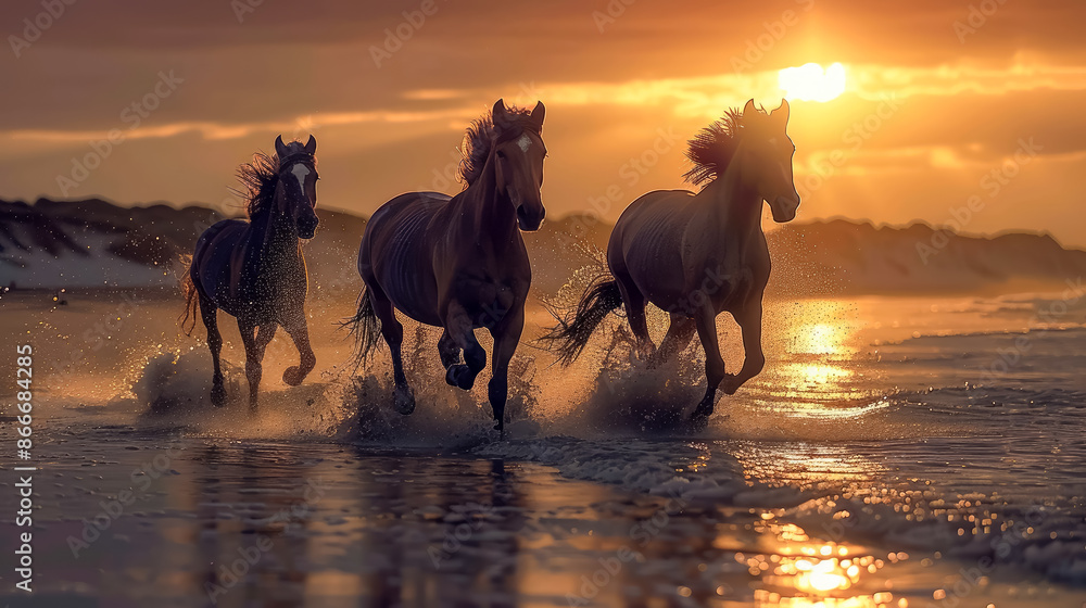 Shot of three wild horses running along the beach at sunset Shot of three wild horses running along the beach at sunset