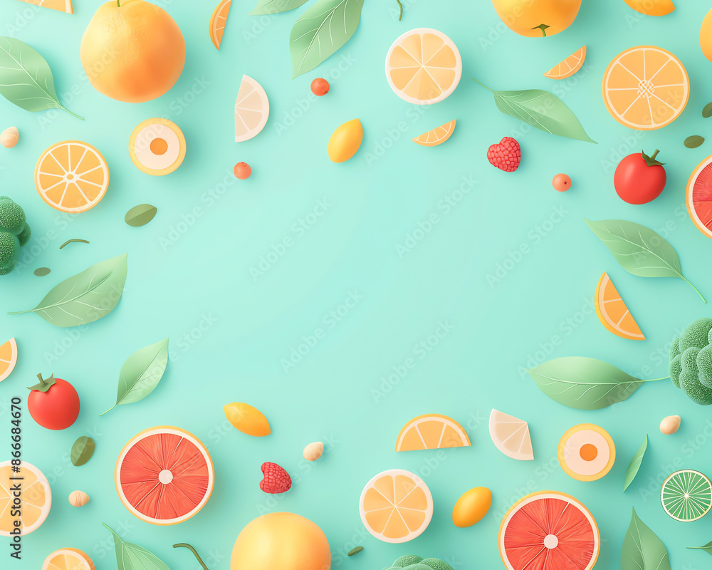 Colorful fruit and leaves frame with citrus, berries, and other fruits on a pastel teal background. Vibrant and fresh summer vibe. Colorful fruit and leaves frame with citrus, berries, and other fruits on a pastel teal background. Vibrant and fresh summer vibe.