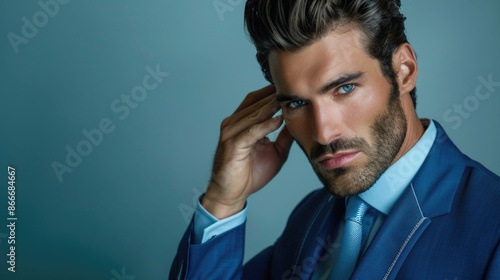 Close up portrait of serious handsome man in blue suit and tie touching his perfect hair