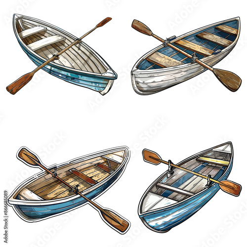 Set of a wooden brown-blue boat with oars. Rowing a boat for romantic walks on the lake or the sea.