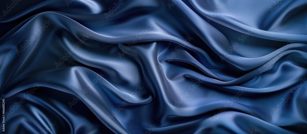 Navy blue silk satin fabric with abstract elegant backdrop for design, featuring wavy folds, gradient effects, and a shiny, glowing appearance. Suitable for wide banner templates. Navy blue silk satin fabric with abstract elegant backdrop for design, featuring wavy folds, gradient effects, and a shiny, glowing appearance. Suitable for wide banner templates.