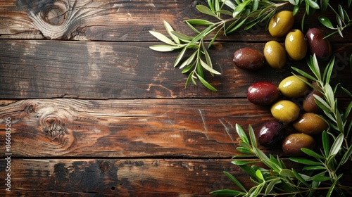 Variety of olives on rustic wood with space for text Mediterranean vegan cuisine