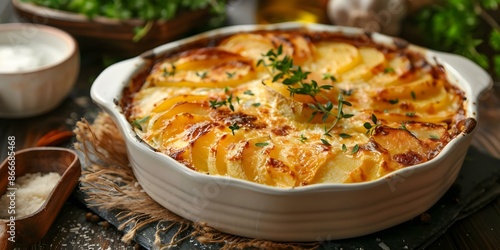 Photo of a dish of Gratin Dauphinois a classic French potato gratin. Concept Food Photography, French cuisine, Gratin Dauphinois, Potato dishes, Culinary presentation
