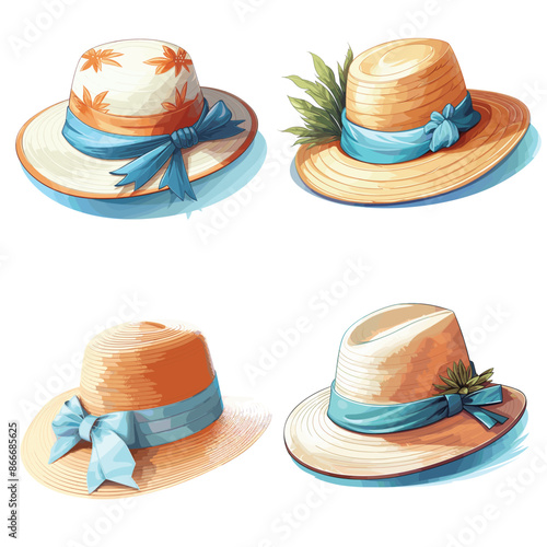 A Set of straw hats on an isolated white background