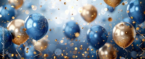 Blue and Gold Confetti Balloons Floating in White Background