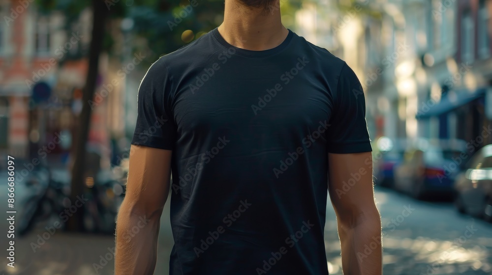 Fit man wearing black t-shirt mockup standing on street with blurred background. Outdoor fashion photography. Apparel design and urban lifestyle concept for design and print Fit man wearing black t-shirt mockup standing on street with blurred background. Outdoor fashion photography. Apparel design and urban lifestyle concept for design and print