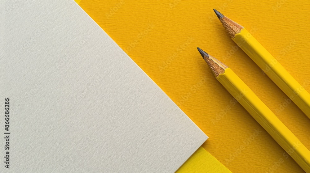 Minimalist top view of wooden yellow pencil with copy space on white paper paired with yellow triangle Minimalist top view of wooden yellow pencil with copy space on white paper paired with yellow triangle
