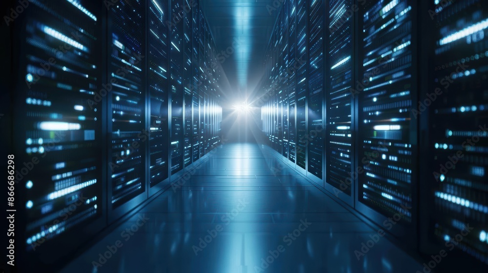 Futuristic data center corridor with servers and a bright light at the end, representing modern technology and internet connectivity. Futuristic data center corridor with servers and a bright light at the end, representing modern technology and internet connectivity.