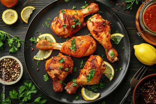 Fried chicken legs with lemon and parsley. Top view  Fried chicken