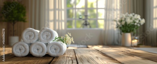 Stacked White Towels on Wooden Table in Bathroom With Window