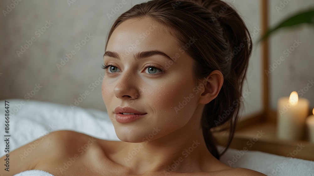 woman with clear, glowing skin, reclining in a relaxing spa setting with soft candlelight in the background woman with clear, glowing skin, reclining in a relaxing spa setting with soft candlelight in the background