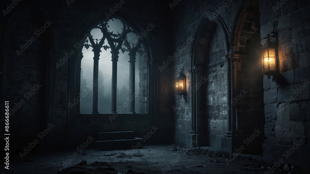 Obraz premium the interior of a spooky, old Gothic castle on a foggy night, featuring arched windows with intricate designs, stone walls