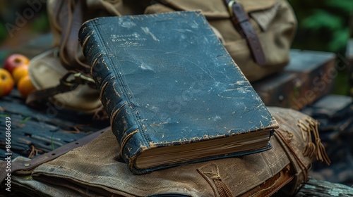 A weathered book with a blue cover sits on a vintage backpack on a wooden table adorned with fall leaves, implying a rich history and a sense of nostalgia amidst nature.