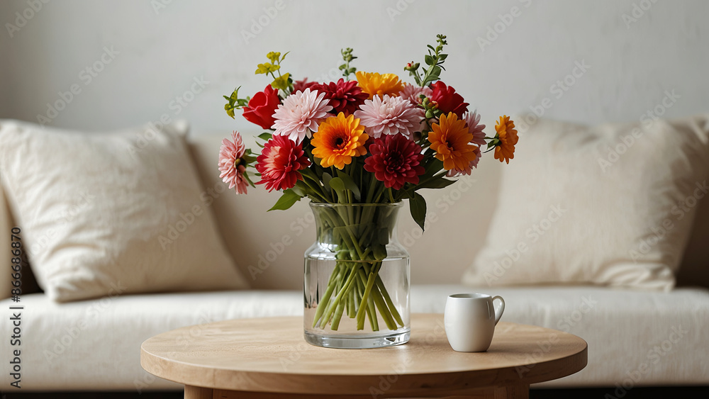 flowers in a clear vase sits on a wooden table next to a white cup, with a beige couch and pillows in the background flowers in a clear vase sits on a wooden table next to a white cup, with a beige couch and pillows in the background
