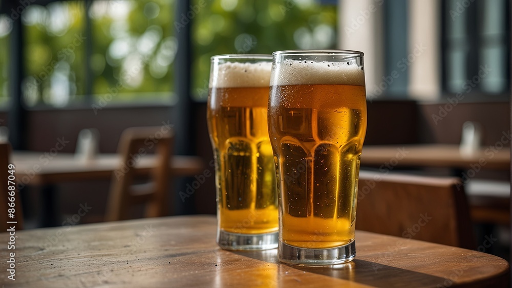 two frosty glasses of beer on a wooden table in a sunlit café, with a blurred background of green foliage seen through large windows two frosty glasses of beer on a wooden table in a sunlit café, with a blurred background of green foliage seen through large windows