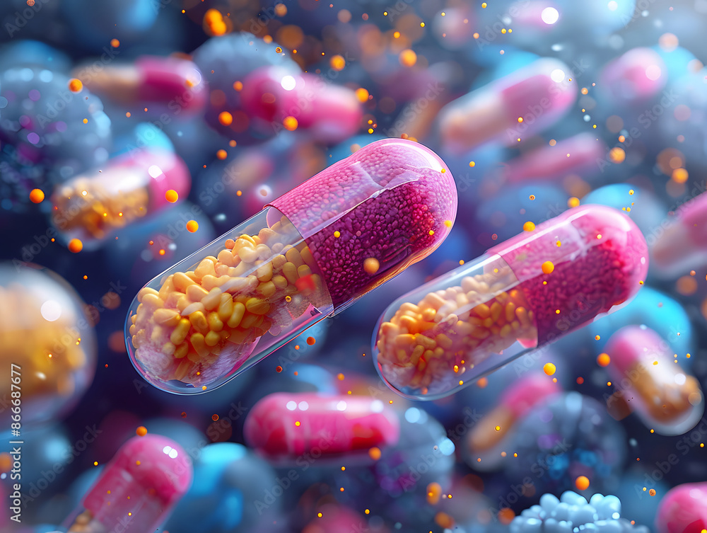 A pile of medical capsules. Artificial intelligence. 