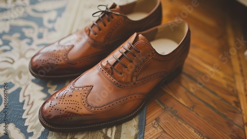 A pair of polished intricately designed brown leather dress shoes placed on a patterned rug