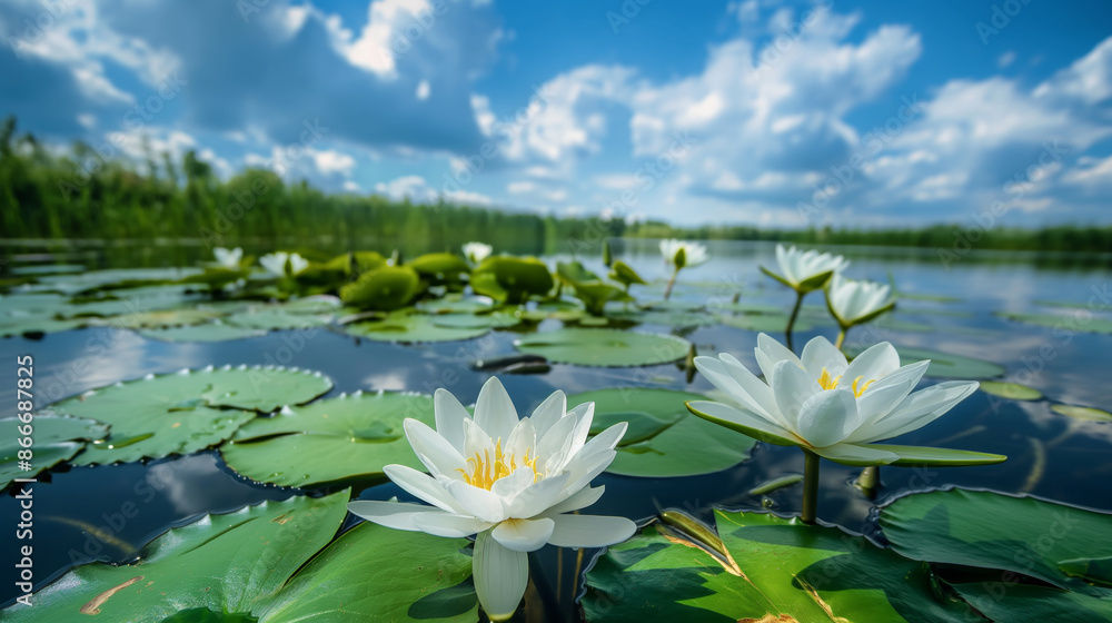 White water lilies floating on a serene lake, surrounded by green lily pads, with a clear blue sky and scattered clouds reflected in the water White water lilies floating on a serene lake, surrounded by green lily pads, with a clear blue sky and scattered clouds reflected in the water