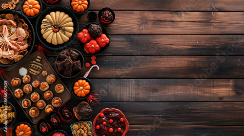 A rustic wooden background with a variety of Halloween treats, including cupcakes, cookies, and candy, with plenty of copy space.