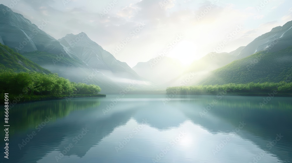 Serene mountain landscape with misty mountains and a calm lake reflecting the rising sun, creating a peaceful and tranquil atmosphere. Serene mountain landscape with misty mountains and a calm lake reflecting the rising sun, creating a peaceful and tranquil atmosphere.