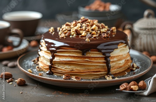 Chocolate Covered Pancake Stack With Nuts and Coffee