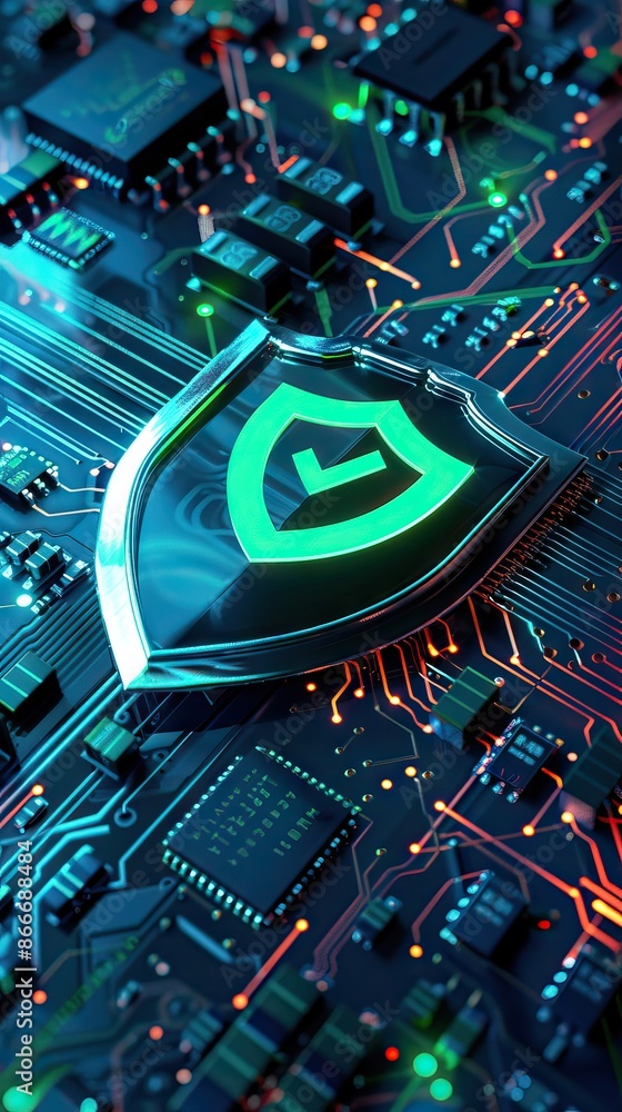 Digital security shield icon on a circuit board background. Printed ...