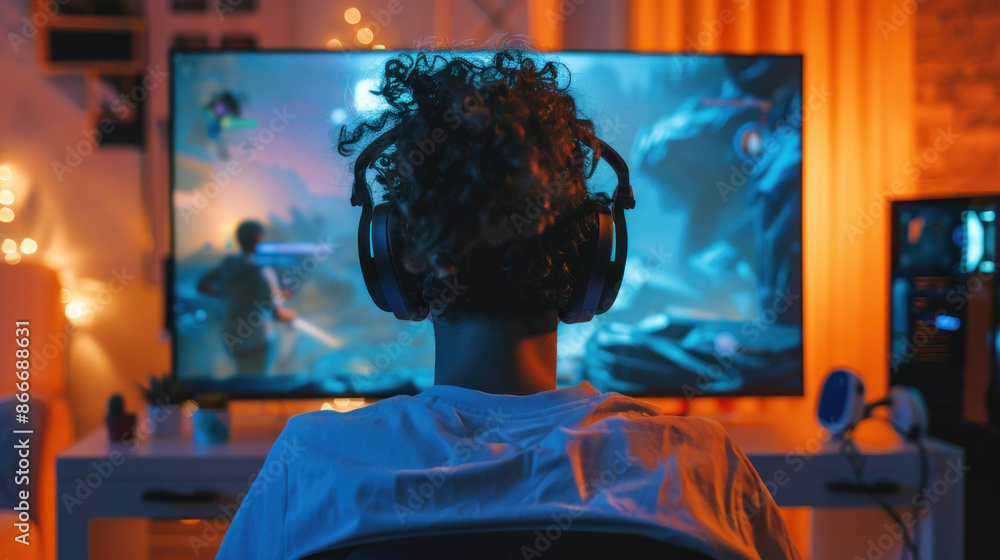 Teenager Engrossed in Online Gaming on Computer at Home Setup Teenager Engrossed in Online Gaming on Computer at Home Setup
