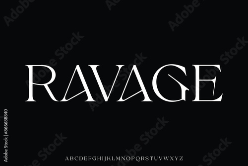 Unique decorative serif alphabet display font vector. Distinctive ravage typeface illustration