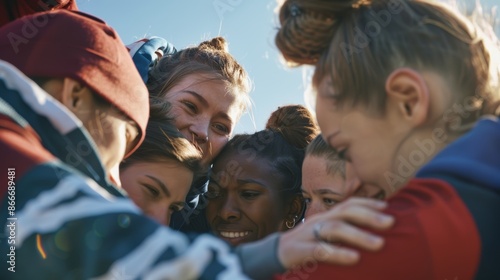 Close-Up of Female Soccer Team Huddling for a Motivational Speech. Empowerment, Unity, and Team Spirit in Women’s Sports