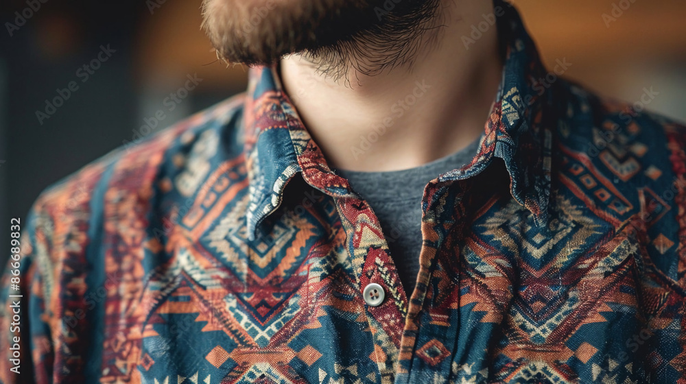 Shirt with an interesting pattern close-up, model wearing a shirt Shirt with an interesting pattern close-up, model wearing a shirt