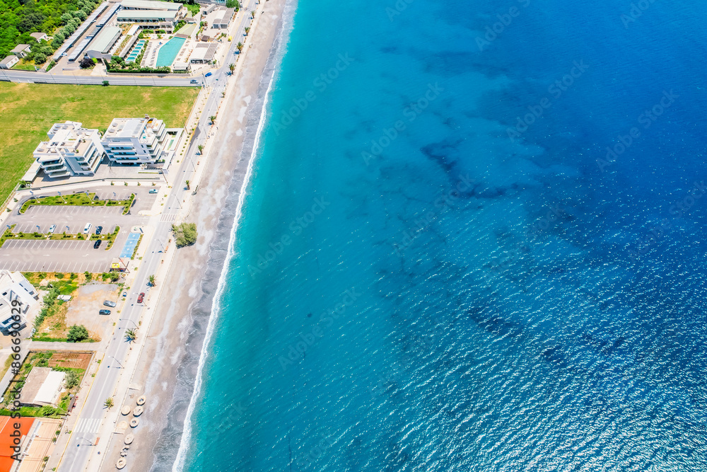 Fototapeta premium Kalamata Marina port. Aerial photo of Kalamata city, blue long beach in Messenia, Peloponnese, Greece