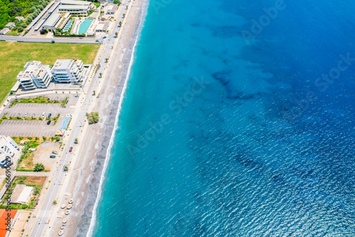 Kalamata Marina port. Aerial photo of Kalamata city, blue long beach in Messenia, Peloponnese, Greece © alexanderuhrin